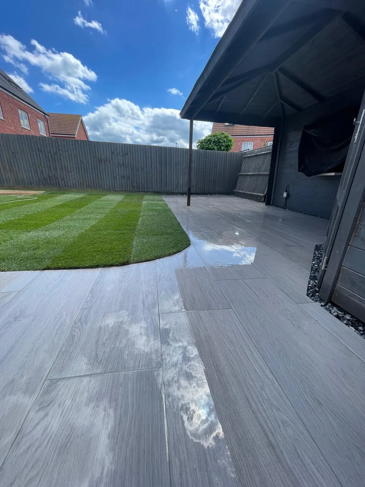 Landscaped garden with lawn and paved area